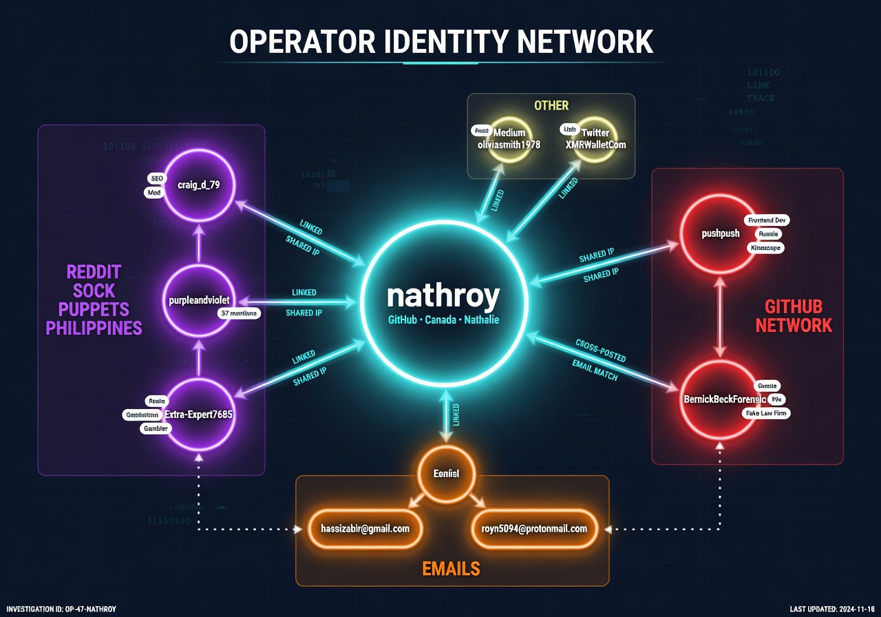 Operator Identity Network — sock puppets, emails, GitHub accounts