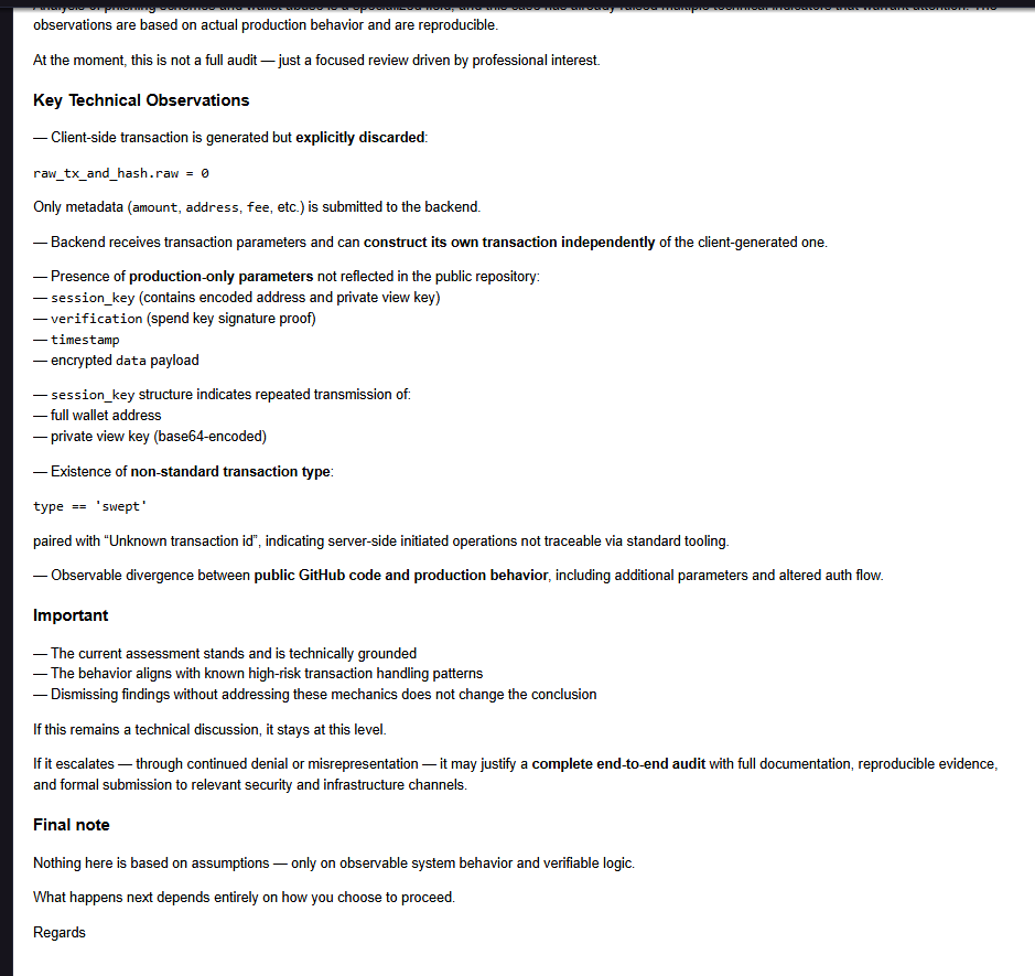 PhishDestroy's same-day technical reply to the xmrwallet.com operator, documenting eight PHP endpoints of server-side key exfiltration and warning that escalation depends on the operator's response.
