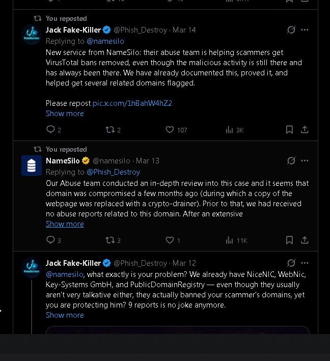 NameSilo's official corporate Twitter account publicly defending xmrwallet.com on March 13, 2026, calling the domain compromised, denying prior abuse reports, and committing to remove VirusTotal detections.
