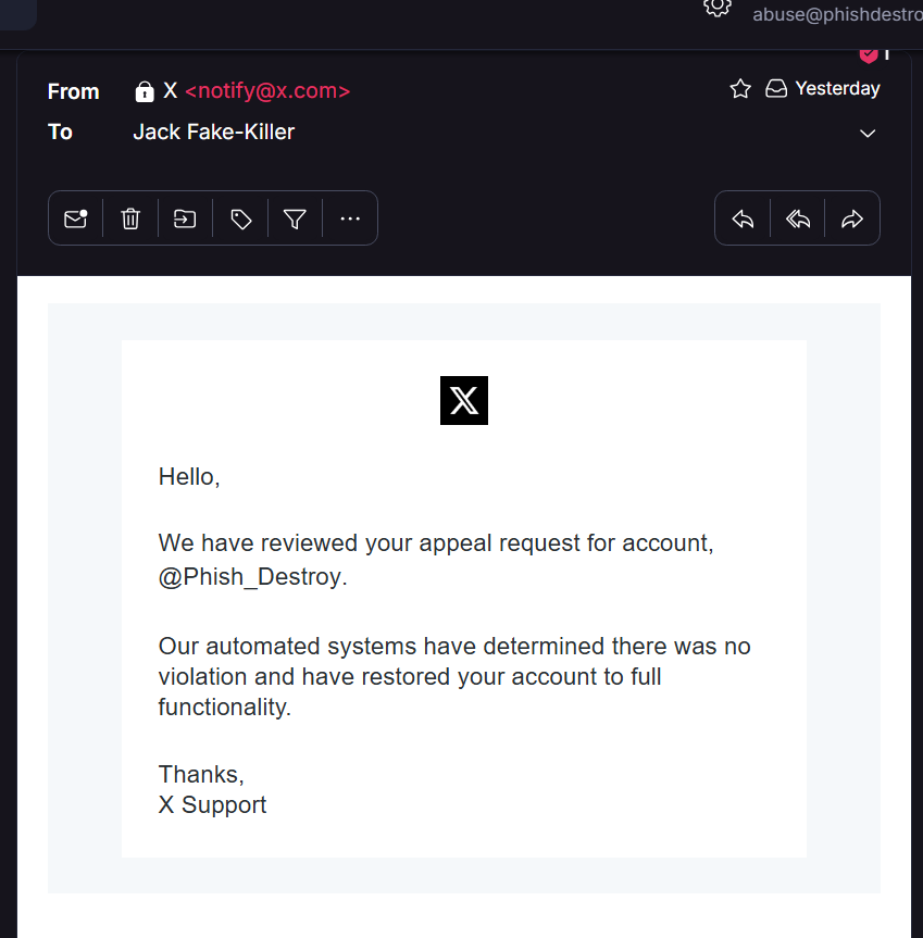 X Support email body, April 15 2026: 'Our automated systems have determined there was no violation and have restored your account to full functionality.'