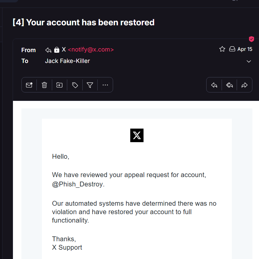 X Support email subject line: '[4] Your account has been restored', April 15 2026.