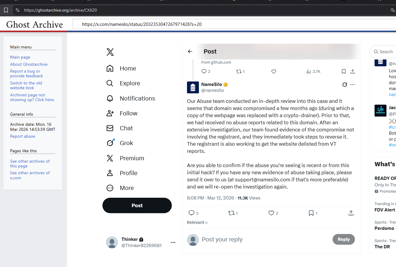 NameSilo tweet defending xmrwallet.com